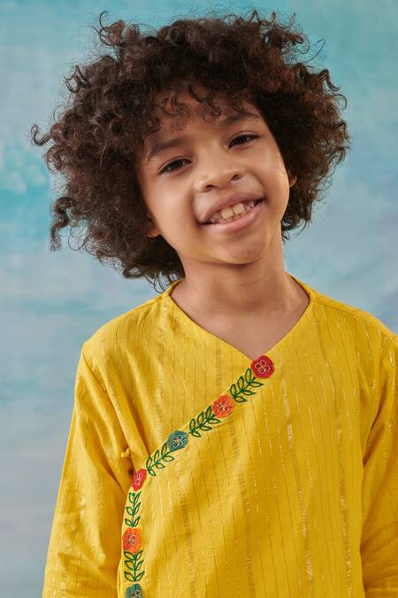 Shop_Cute Couture_Yellow Cotton, Silk Embroidery Floral Asymmetric Kurta With Dhoti Pant _Online_at_Aza_Fashions