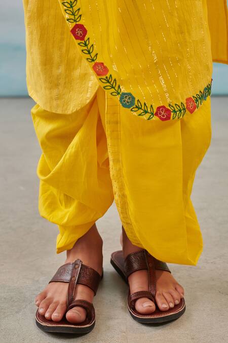 Cute Couture_Yellow Cotton, Silk Embroidery Floral Asymmetric Kurta With Dhoti Pant _at_Aza_Fashions