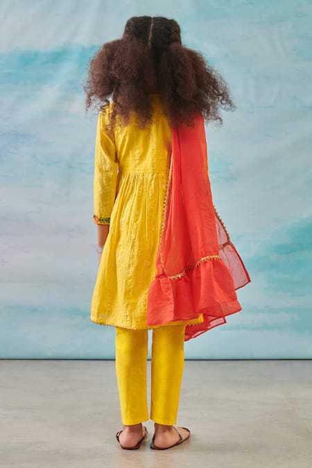 Shop Cute Couture Yellow Kurta And Pant Cotton Silk Lurex Embroidery Floral Angarkha & Set at Aza Fashions Shop_Cute Couture_Yellow Kurta And Pant Cotton Silk Lurex Embroidery Floral Angarkha & Set _at_Aza_Fashions