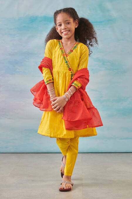 Cute Couture Yellow Kurta And Pant Cotton Silk Lurex Embroidery Floral Angarkha & Set Online at Aza Fashions Cute Couture_Yellow Kurta And Pant Cotton Silk Lurex Embroidery Floral Angarkha & Set _Online_at_Aza_Fashions