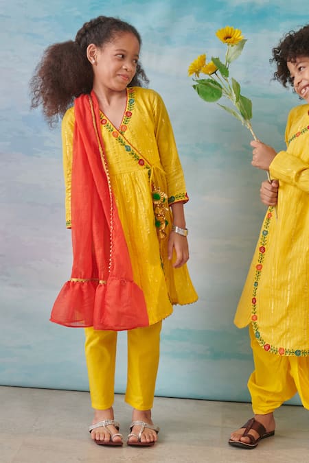 Cute Couture Yellow Kurta And Pant Cotton Silk Lurex Embroidery Floral Angarkha & Set at Aza Fashions Cute Couture_Yellow Kurta And Pant Cotton Silk Lurex Embroidery Floral Angarkha & Set _at_Aza_Fashions