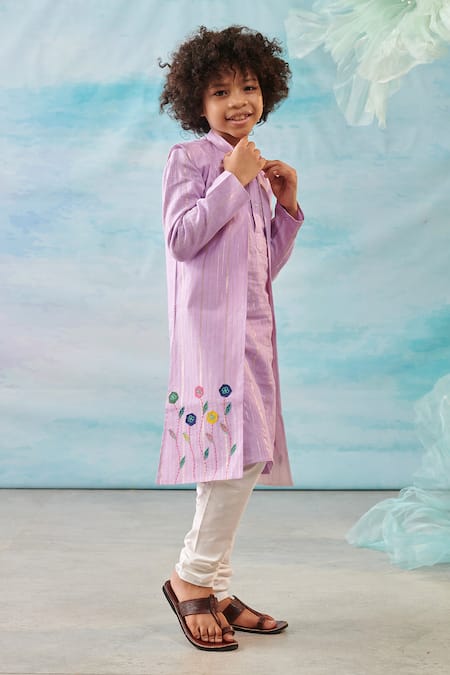 Shop Cute Couture Purple , Silk, Lurex, Satin Floral Long Bundi And Churidar Set at Aza Fashions Shop_Cute Couture_Purple , Silk, Lurex, Satin Floral Long Bundi And Churidar Set _at_Aza_Fashions