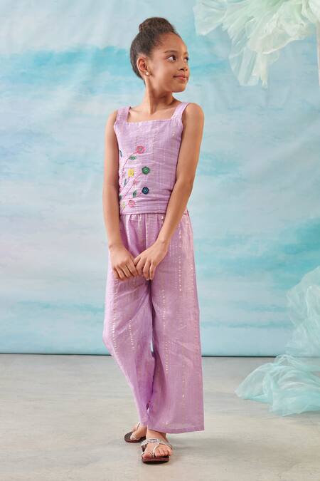 Cute Couture Purple Cotton Silk Lurex Embroidery Floral Crop Top With Pant Online at Aza Fashions Cute Couture_Purple Cotton Silk Lurex Embroidery Floral Crop Top With Pant _Online_at_Aza_Fashions