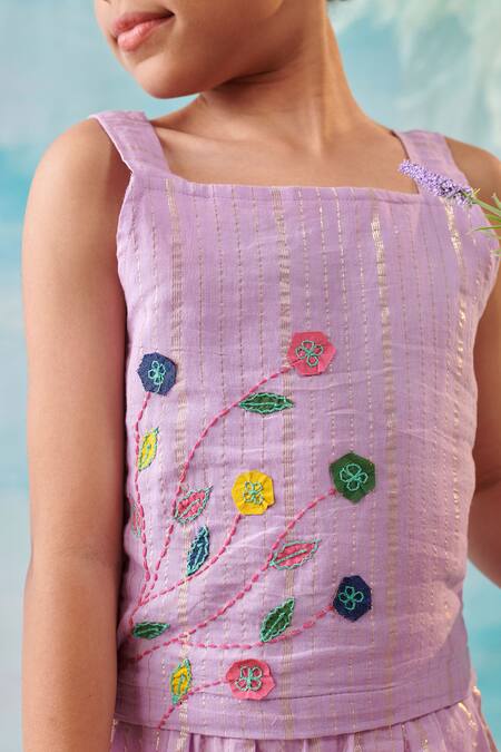 Cute Couture Purple Cotton Silk Lurex Embroidery Floral Crop Top With Pant at Aza Fashions Cute Couture_Purple Cotton Silk Lurex Embroidery Floral Crop Top With Pant _at_Aza_Fashions