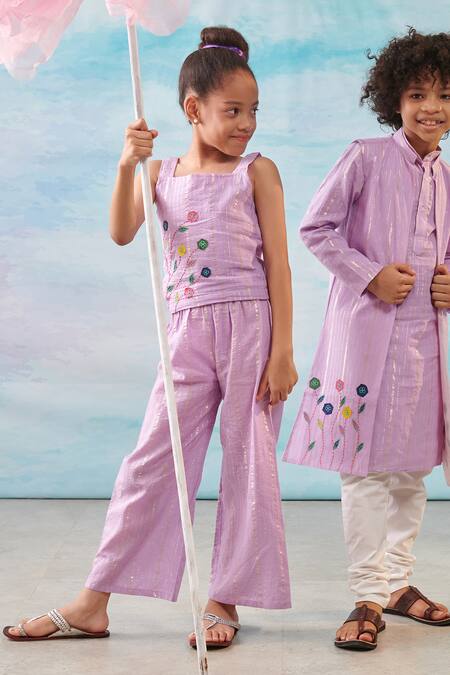 Buy Cute Couture Purple Cotton Silk Lurex Embroidery Floral Crop Top With Pant Buy_Cute Couture_Purple Cotton Silk Lurex Embroidery Floral Crop Top With Pant