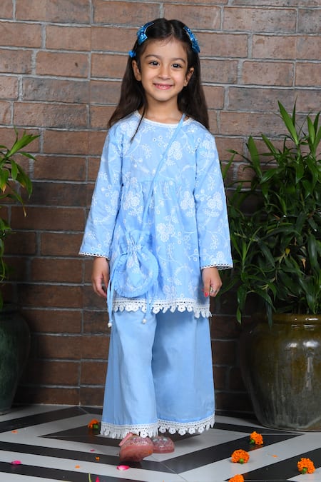 APRICOTKIDS Blue Cotton Embroidered Thraed Floral Anarkali Palazzo Set 