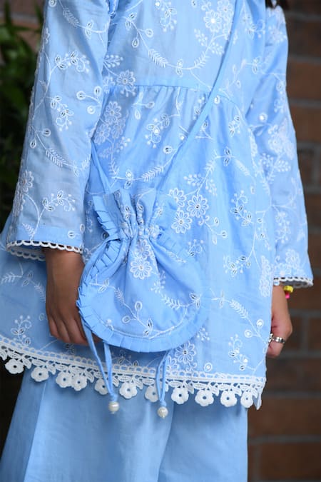 APRICOTKIDS_Blue Cotton Lace, Sequins, Embroidery Floral Anarkali Palazzo Set_Online_at_Aza_Fashions