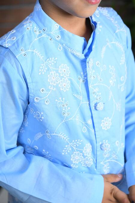 APRICOTKIDS_Blue Cotton Sequins, Embroidery Floral Bundi Kurta Set_Online_at_Aza_Fashions