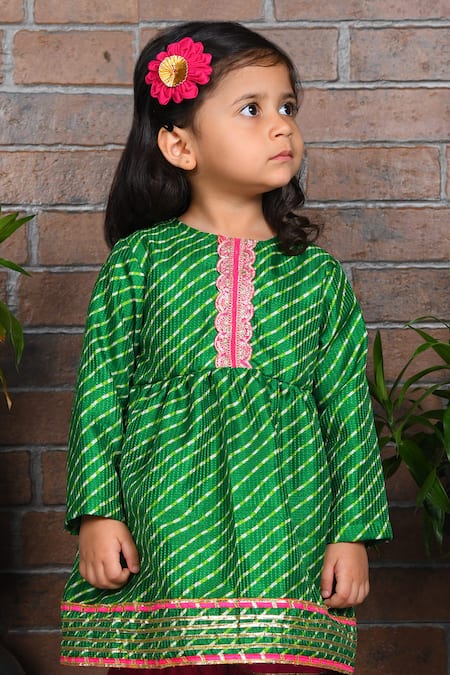 Buy_APRICOTKIDS_Green Cotton Embellished Leheriya Pattern Anarkali With Sharara _Online_at_Aza_Fashions