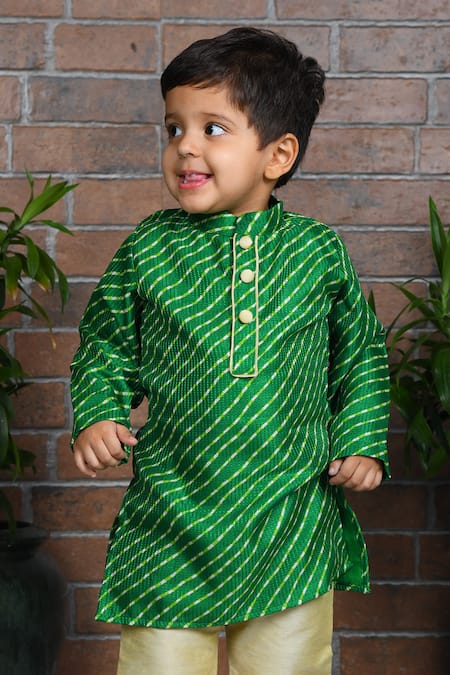 APRICOTKIDS_Green Cotton Leheriya Pattern Kurta With Pant _Online_at_Aza_Fashions