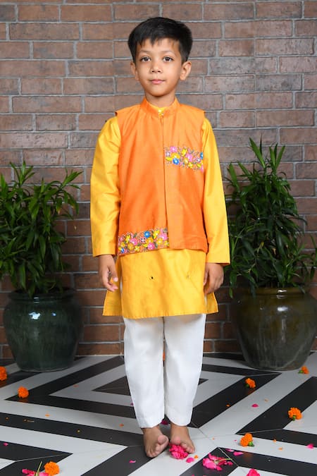 APRICOTKIDS Orange Cotton Silk Embellished Sequin Floral Bundi Kurta Set 