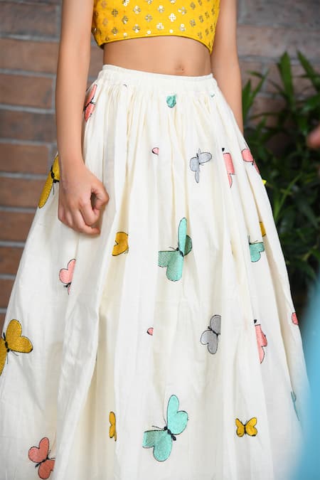 APRICOTKIDS_Off White Cotton, Chiffon Embroidery, Sequins Butterfly Lehenga With Blouse _Online_at_Aza_Fashions