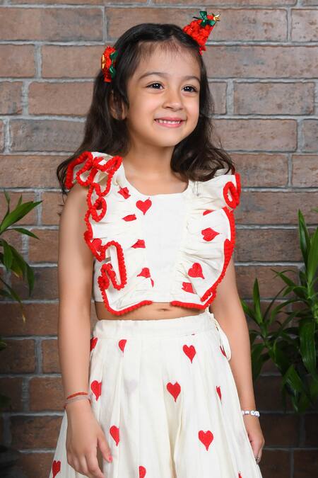 APRICOTKIDS_Off White Cotton Embroidery Heart Thread Lehenga With Blouse _Online_at_Aza_Fashions