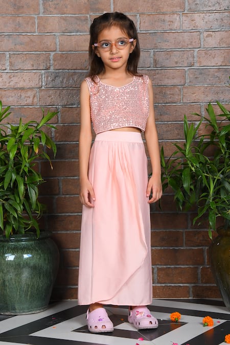 APRICOTKIDS Peach Satin Embellished Sequin Top With Dhoti Skirt 