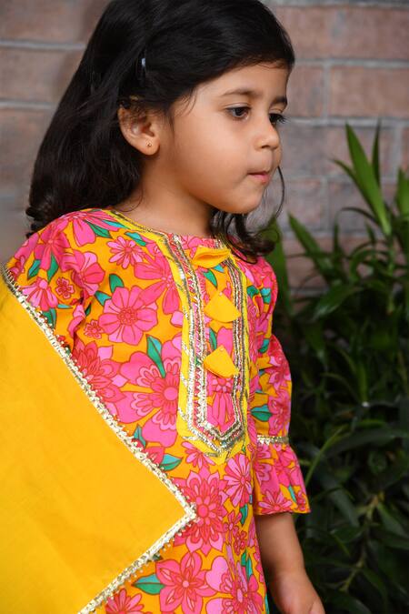 APRICOTKIDS_Pink Cotton Printed Floral Blossom Kurta Lehenga Set _Online_at_Aza_Fashions