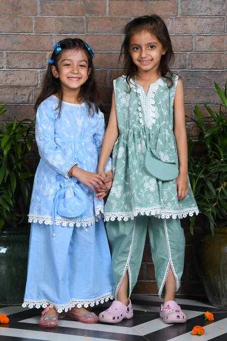 APRICOTKIDS_Green Cotton Embroidered Thraed Thread Peplum Kurta Dhoti Pant Set_Online_at_Aza_Fashions