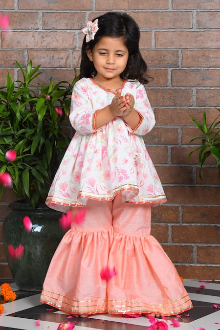 APRICOTKIDS Off White Cotton Printed Floral Angarkha Anarkali With Sharara 