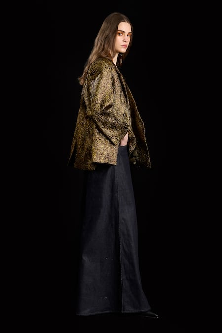 Rara Avis Gold Polyester Woven Jacquard V Neck Detailed Sand Top Online at Aza Fashions Rara Avis_Gold Polyester Woven Jacquard V Neck Detailed Sand Top _Online_at_Aza_Fashions