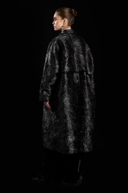 Shop Rara Avis Black Viscose Collared Pocketed Long Trench Coat at Aza Fashions Shop_Rara Avis_Black Viscose Collared Pocketed Long Trench Coat _at_Aza_Fashions