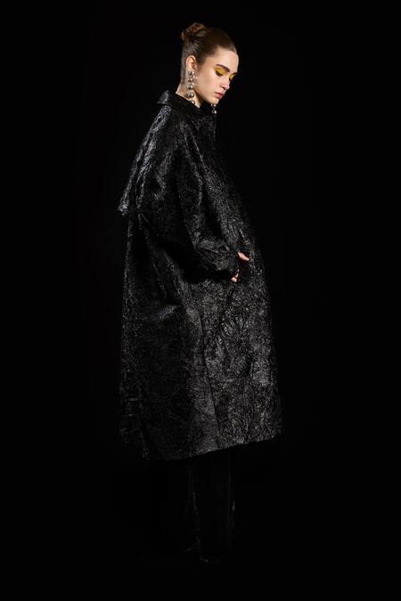 Rara Avis Black Viscose Collared Pocketed Long Trench Coat Online at Aza Fashions Rara Avis_Black Viscose Collared Pocketed Long Trench Coat _Online_at_Aza_Fashions
