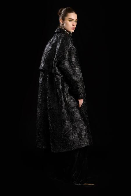 Buy Rara Avis Black Viscose Collared Pocketed Long Trench Coat Online at Aza Fashions Buy_Rara Avis_Black Viscose Collared Pocketed Long Trench Coat _Online_at_Aza_Fashions