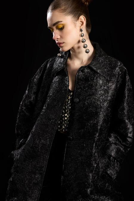 Shop Rara Avis Black Viscose Collared Pocketed Long Trench Coat Online at Aza Fashions Shop_Rara Avis_Black Viscose Collared Pocketed Long Trench Coat _Online_at_Aza_Fashions