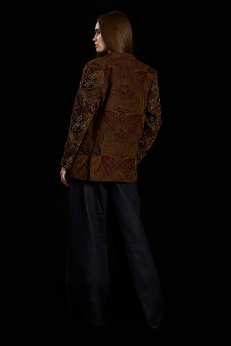 Shop_Rara Avis_Brown Cotton Hand Embroidered Dabka Notched Lapel Eurasia Blazer _at_Aza_Fashions