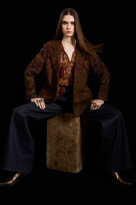 Rara Avis_Brown Cotton Hand Embroidered Dabka Notched Lapel Eurasia Blazer _at_Aza_Fashions