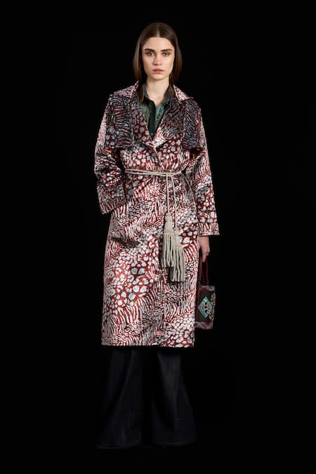 Rara Avis Blue Velvet Hand Embroidered Dabka Notched Lapel Aari Coat With Belt 