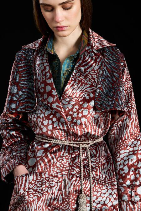 Shop Rara Avis Blue Velvet Hand Embroidered Dabka Notched Lapel Aari Coat With Belt Online at Aza Fashions Shop_Rara Avis_Blue Velvet Hand Embroidered Dabka Notched Lapel Aari Coat With Belt _Online_at_Aza_Fashions