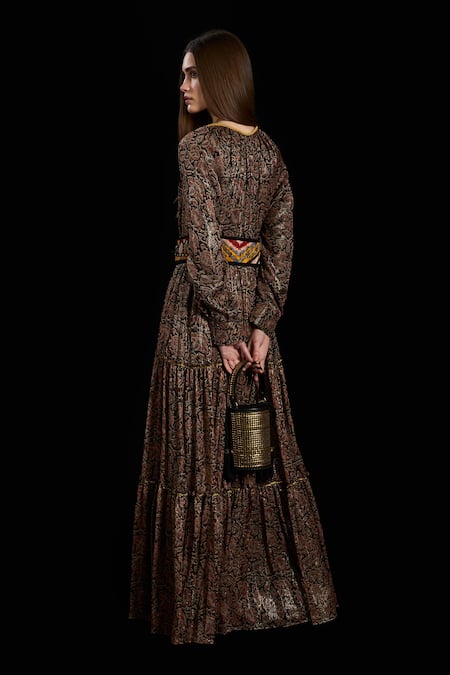 Shop Rara Avis Brown Viscose Lurex Paisley V Neck Eurasian Pattern Maxi Dress at Aza Fashions Shop_Rara Avis_Brown Viscose Lurex Paisley V Neck Eurasian Pattern Maxi Dress _at_Aza_Fashions