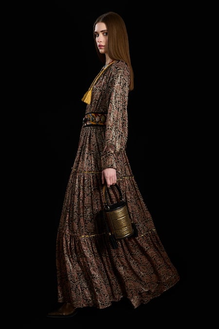 Rara Avis Brown Viscose Lurex Paisley V Neck Eurasian Pattern Maxi Dress Online at Aza Fashions Rara Avis_Brown Viscose Lurex Paisley V Neck Eurasian Pattern Maxi Dress _Online_at_Aza_Fashions