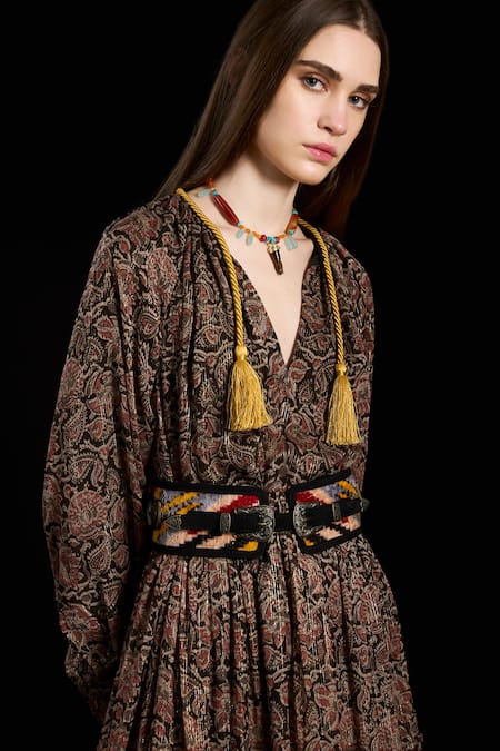 Buy Rara Avis Brown Viscose Lurex Paisley V Neck Eurasian Pattern Maxi Dress Online at Aza Fashions Buy_Rara Avis_Brown Viscose Lurex Paisley V Neck Eurasian Pattern Maxi Dress _Online_at_Aza_Fashions