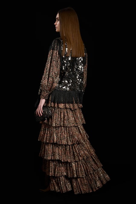 Shop Rara Avis Brown Viscose Lurex Paisley V Neck Eurasian Tiered Pattern Dress at Aza Fashions Shop_Rara Avis_Brown Viscose Lurex Paisley V Neck Eurasian Tiered Pattern Dress _at_Aza_Fashions