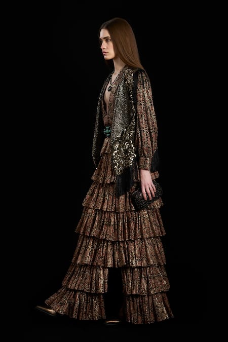 Rara Avis Brown Viscose Lurex Paisley V Neck Eurasian Tiered Pattern Dress Online at Aza Fashions Rara Avis_Brown Viscose Lurex Paisley V Neck Eurasian Tiered Pattern Dress _Online_at_Aza_Fashions