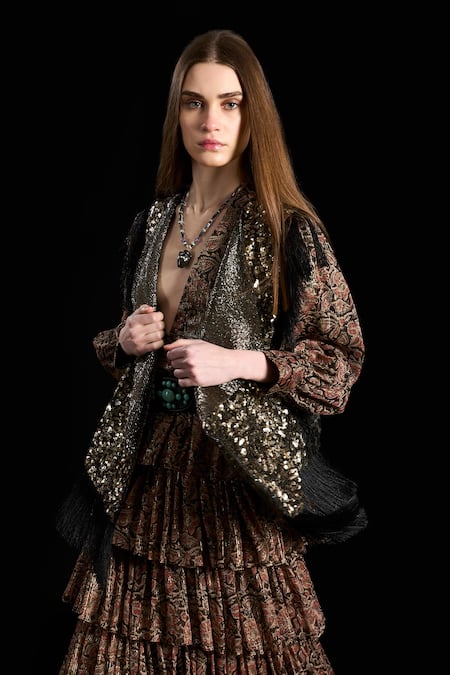 Buy Rara Avis Brown Viscose Lurex Paisley V Neck Eurasian Tiered Pattern Dress Online at Aza Fashions Buy_Rara Avis_Brown Viscose Lurex Paisley V Neck Eurasian Tiered Pattern Dress _Online_at_Aza_Fashions