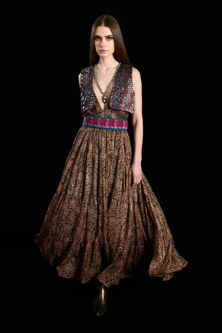 Shop Rara Avis Brown Viscose Lurex Paisley Plunge V Neck Eurasian Gathered Maxi Dress at Aza Fashions Shop_Rara Avis_Brown Viscose Lurex Paisley Plunge V Neck Eurasian Gathered Maxi Dress _at_Aza_Fashions