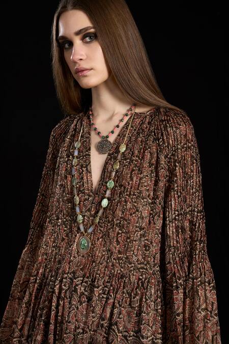 Rara Avis Brown Viscose, Lurex V-neck Eurasian Pleat Detailed Dress Online at Aza Fashions Rara Avis_Brown Viscose, Lurex V-neck Eurasian Pleat Detailed Dress _Online_at_Aza_Fashions