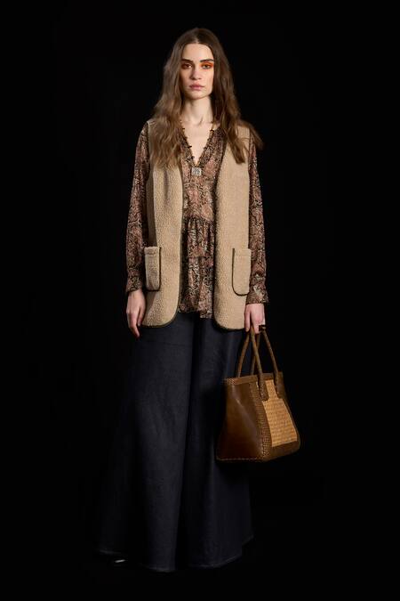 Rara Avis Brown Viscose Lurex Paisley V Neck Eurasian Pattern Tiered Top Online at Aza Fashions Rara Avis_Brown Viscose Lurex Paisley V Neck Eurasian Pattern Tiered Top _Online_at_Aza_Fashions