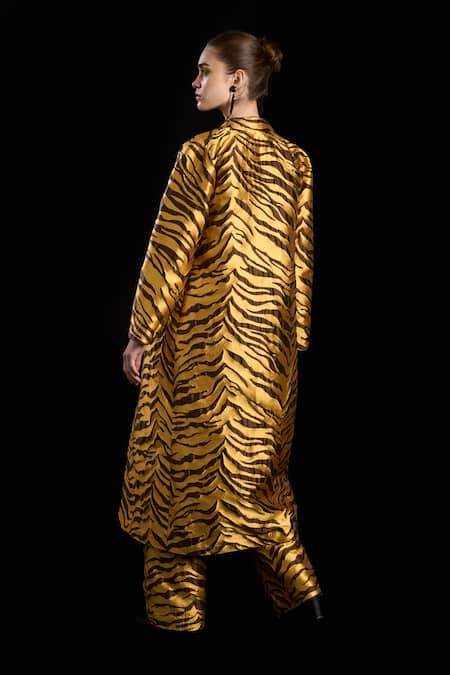 Shop Rara Avis Gold Polyester Tiger Open Sand Dunes Overlay Jacket at Aza Fashions Shop_Rara Avis_Gold Polyester Tiger Open Sand Dunes Overlay Jacket _at_Aza_Fashions