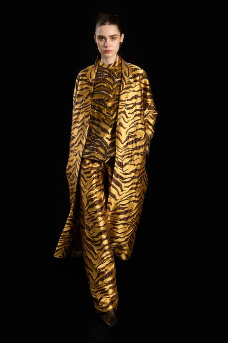 Rara Avis Gold Polyester Tiger Open Sand Dunes Overlay Jacket Online at Aza Fashions Rara Avis_Gold Polyester Tiger Open Sand Dunes Overlay Jacket _Online_at_Aza_Fashions