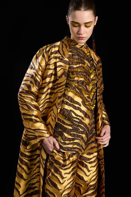Shop Rara Avis Gold Polyester Tiger Open Sand Dunes Overlay Jacket Online at Aza Fashions Shop_Rara Avis_Gold Polyester Tiger Open Sand Dunes Overlay Jacket _Online_at_Aza_Fashions