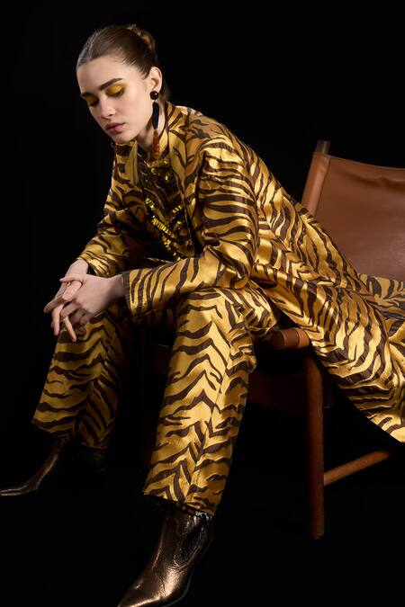 Rara Avis Gold Polyester Tiger Open Sand Dunes Overlay Jacket at Aza Fashions Rara Avis_Gold Polyester Tiger Open Sand Dunes Overlay Jacket _at_Aza_Fashions