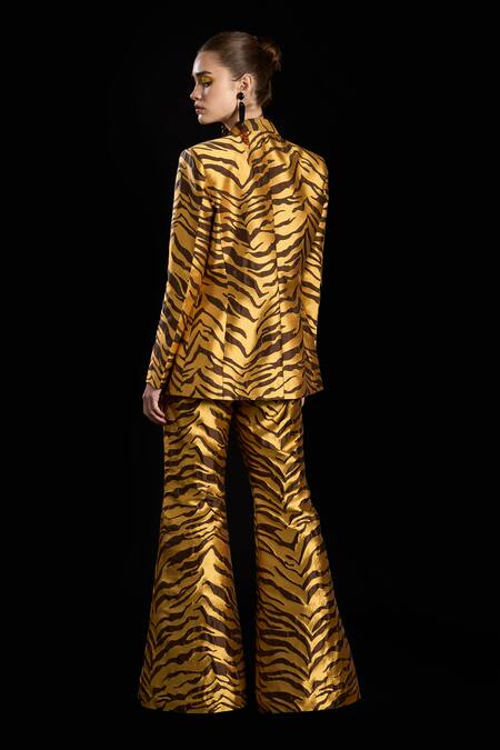 Shop Rara Avis Gold Polyester Tiger Open Sand Dunes Blazer at Aza Fashions Shop_Rara Avis_Gold Polyester Tiger Open Sand Dunes Blazer _at_Aza_Fashions