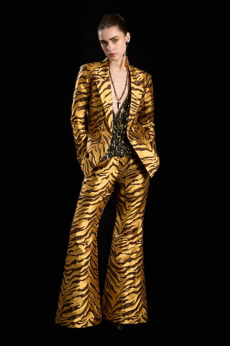 Rara Avis Gold Polyester Tiger Open Sand Dunes Blazer Online at Aza Fashions Rara Avis_Gold Polyester Tiger Open Sand Dunes Blazer _Online_at_Aza_Fashions