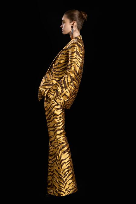 Buy Rara Avis Gold Polyester Tiger Open Sand Dunes Blazer Online at Aza Fashions Buy_Rara Avis_Gold Polyester Tiger Open Sand Dunes Blazer _Online_at_Aza_Fashions