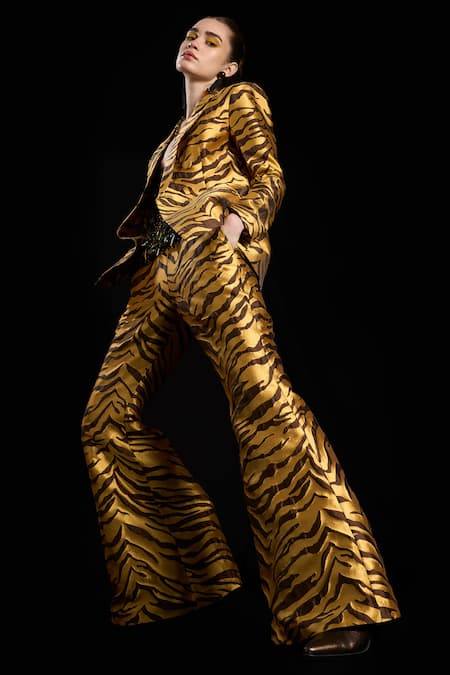Shop Rara Avis Gold Polyester Tiger Open Sand Dunes Blazer Online at Aza Fashions Shop_Rara Avis_Gold Polyester Tiger Open Sand Dunes Blazer _Online_at_Aza_Fashions