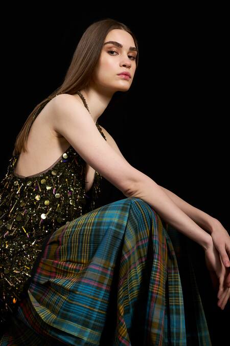 Shop Rara Avis Black Polyester Aari Plunge V Falling Bead Hand Embroidered Top Online at Aza Fashions Shop_Rara Avis_Black Polyester Aari Plunge V Falling Bead Hand Embroidered Top _Online_at_Aza_Fashions