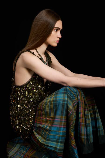 Rara Avis Black Polyester Aari Plunge V Falling Bead Hand Embroidered Top at Aza Fashions Rara Avis_Black Polyester Aari Plunge V Falling Bead Hand Embroidered Top _at_Aza_Fashions