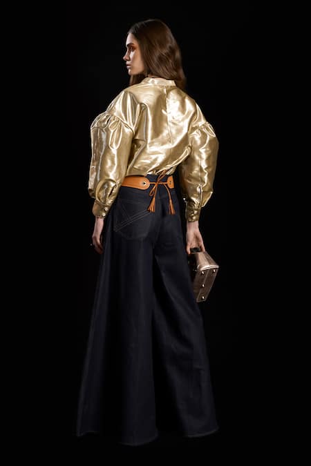 Shop Rara Avis Gold Viscose Hand Weaving Gota Collar Treasure Woven Yoke Shirt at Aza Fashions Shop_Rara Avis_Gold Viscose Hand Weaving Gota Collar Treasure Woven Yoke Shirt _at_Aza_Fashions